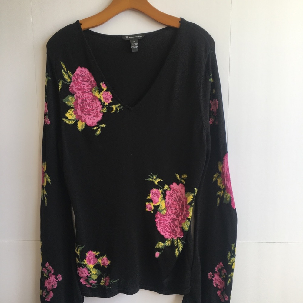INC  Dramatic Sleeves Black V-Neck Sweater Pink Rose Embroidery - Picture 4 of 13
